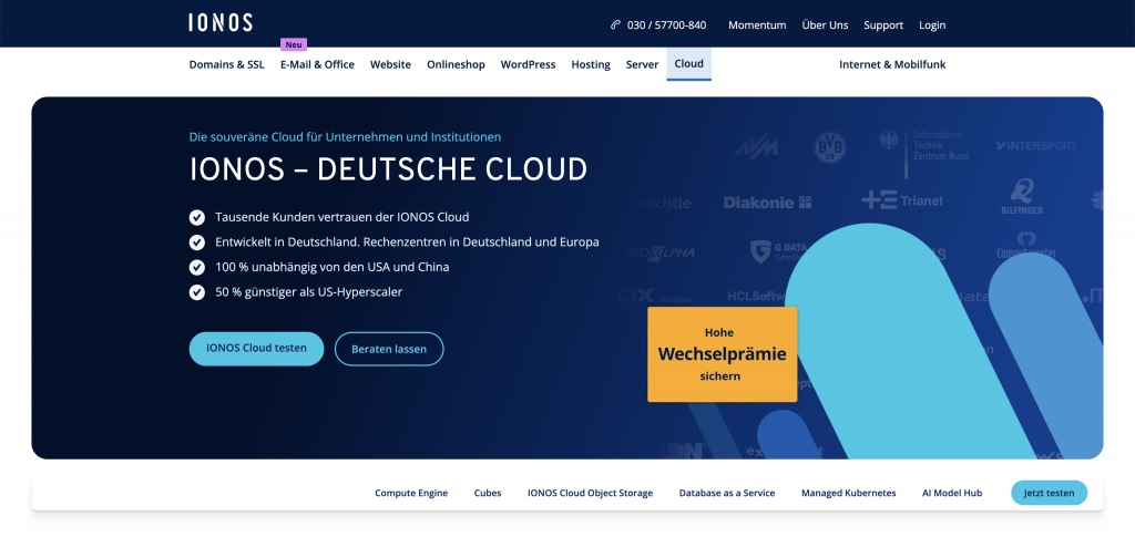 IONOS Cloud Startseite – Deutsche Cloud-Alternativen im Überblick
