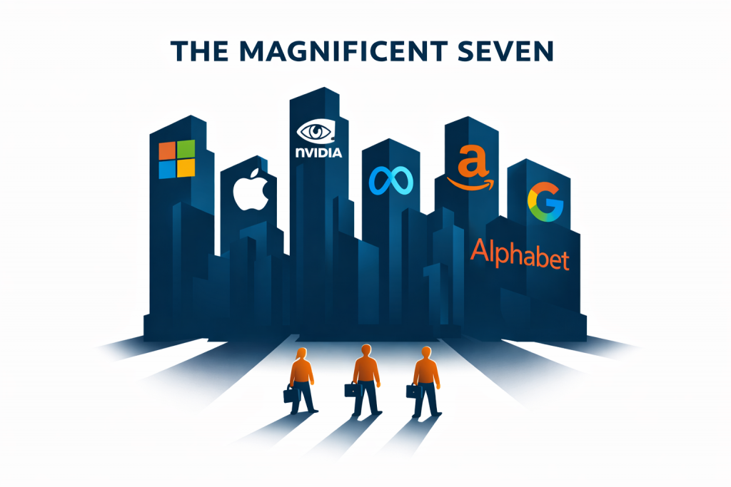 Illustration der Magnificent Seven (u.a. Nvidia, Apple, Microsoft) als Symbol für die Dominanz der US-Tech-Giganten in der Weltwirtschaft.