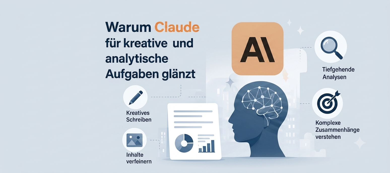 Warum Claude für kreative und analytische Aufgaben glänzt: kreatives Schreiben, Inhalte verfeinern, tiefgehende Analysen, komplexe Zusammenhänge verstehen